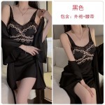 Guiruo Sexy Deep V Satin Lace and Chest Cushion Light Luxury Hanging Strap Sleeping Dress Outer Robe Women's Home Furnishing Set 1187