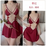 Guiruo Sexy Backless Temptation Ice Silk Pajamas with Chest Pads Gathered Strap Sleeping Skirt Outer Robe Home Suit Set 1667