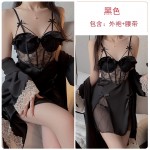 Guiruo Satin Lace and Chest Cushion Steel Ring Gathered and Collated, See-through Seduction Sleeping Dress, Outer Robe, Home Suit Set 2072