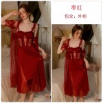 Guiruo Satin Face with Chest Pads, Perspective Lace Waist, Slim Slim Hanging Strap, Sleeping Dress, Mesh Outer Robe, Home Suit Set 3382