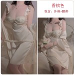 Guiruo Satin Embroidery Lace Perspective Low cut Gathering with Chest Pads Sexy Sleeping Skirt Outer Robe Home Suit Set 3559