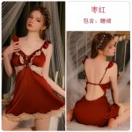 Guiruo Satin Lace Lace Strap and Chest Cushion Deep V Open Back Sweet Flying Sleeves Nightgown Home Suit Set 3246