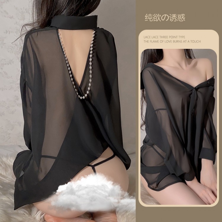 Guiruo Fun Underwear Sexy Chiffon Perspective Backless Loose Boyfriend Style Shirt Women's Pure Desire Uniform Set 3304