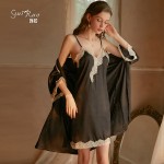 Guiruo Brand Sexy Deep V Lace Satin Suspended Nightgown Lace up Nightgown Women's Two Piece Home Furnishing Set 808