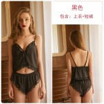 Original European and American Women's Sexy Deep V Satin Lace Hot Strap Shorts Home Suit Set by Guiruo Brand 19066