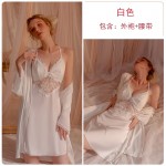 Guiruo Brand Mesh Perspective Splice Lace Chest Cushion Suspender Sleeping Dress Simple Outer Robe Women's Home Furnishing Set 2744