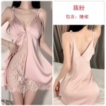 Guiruo Sexy Satin Smooth Seduction Backless Deep V Plus Chest Pads Lace Suspender Sleeping Dress Home Suit Set 2957