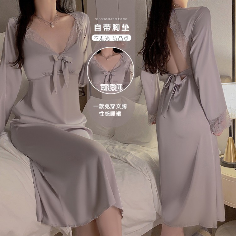 Guiruo Sexy Chest Cushion Pajamas Ice Silk Backless Temptation French Pure Desire Long Sleeve Pajama Dress Home Suit Set W2211