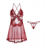 Guiruo Brand's New Summer Mesh Perspective Temptation Backless Pajamas Embroidered Hanging Dress Home Suit Set 1899