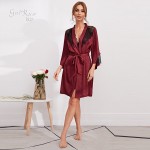 Guiruo European and American Foreign Trade Sexy Deep V Satin Side Split Sleeping Dress Lace up Outer Robe Home Furnishing Set Cross border 9151