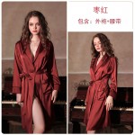 Guiruo Brand European and American Spring/Summer Home Fur Sexy Deep V Imitation Silk Private Room Mid length Nightgown Bathrobe Set 879