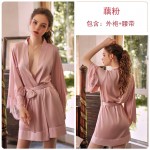 Guiruo Brand's New Spring/Summer Simulated Silk Cuff Splicing Lace Lace up Nightgown Bathrobe Home Furnishing 1001