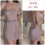 Guiruo Sexy Backless Lace up Temptation with Chest Pads Gathered and Collated Yarn Lace Sleeping Skirt Outer Robe Home Suit Set 3140