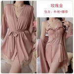 Guiruo Satin Lace and Chest Cushion Steel Ring Gathered and Collated, See-through Seduction Sleeping Dress, Outer Robe, Home Suit Set 2072