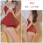 Guiruo Lingerie Sexy Deep V Plus Chest Pads Sweet Lace Satin Top, Shorts, Outer Robe, Women's Homewear Set