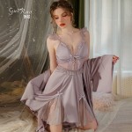 Guiruo Pure Desire Temptation Deep V with Chest Pads, Transparent Lace, Sexy Lace up Satin Sleeping Dress, Outer Robe, Home Furnishing J3189