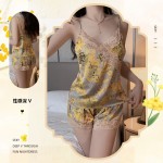 Guiruo Sexy V-neck Satin Patch Lace and Chest Pads Rural Fragmented Flower Suspender Top and Shorts Women's Set 3749