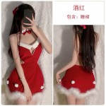 Guiruo Fun Lingerie Velvet Strap Dress Hollow out Plush Christmas Costume Role Playing Backless Uniform Set 2432