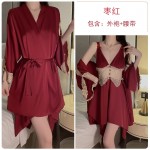 Guiruo Satin Jacquard Lace Perspective Deep V with Chest Cushion Irregular Skirt, Nightwear, Outrobe, Home Set J2413