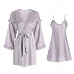 Guiruo pajamas Long sleeved breathable satin sweet pajamas Solid color suspender pajamas Outer robe Women's home wear set 2199