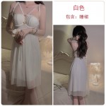 Guiruo Sexy Mesh Splice Lace Flower Decoration Hollow out with Chest Cushion Sleeping Skirt Outer Robe Home Suit Set 2644