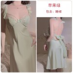 Guiruo Satin Sexy Deep V with Chest Cushion Lace up Open Back Temptation Sleeping Dress Comfortable Outer Robe Home Suit Set J3336