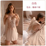 Guiruo Brand Fun Lingerie Women's Sexy Deep V Satin Panel Lace Hanging Sleepwear Home Suit Set 1110