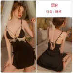 Guiruo Satin Deep V Lace and Chest Cushion Perspective Lace up Seduction Split Sleeping Dress Outer Robe Home Suit Set 2726