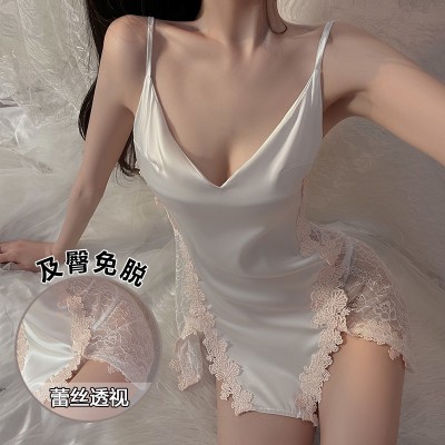 Guiruo Sexy Lace Perspective Temptation Short No Take Off Pajamas Split Strap Nightwear Women's Home Furnishing Set 702