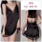 Guiruo Autumn and Winter Fun Lingerie Sexy Deep V Lace Loose Satin Seduction Nightwear Hanging Dress Set Issued on behalf of 570