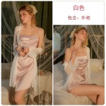 Guiruo Sexy Satin One Line Neck Pleated Open Back Strap Wrapped Waist Slim Sleeping Dress Outer Robe Home Suit Set 3469