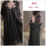 Guiruo Sexy Mesh Splice Lace Flower Decoration Hollow out with Chest Cushion Sleeping Skirt Outer Robe Home Suit Set 2644