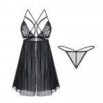 Guiruo Fun Underwear New Sexy Split Mesh Suspender Sleeping Dress Deep V Perspective Temptation Uniform Set 2073