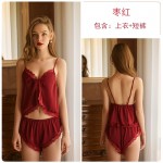 Original European and American Women's Sexy Deep V Satin Lace Hot Strap Shorts Home Suit Set by Guiruo Brand 19066