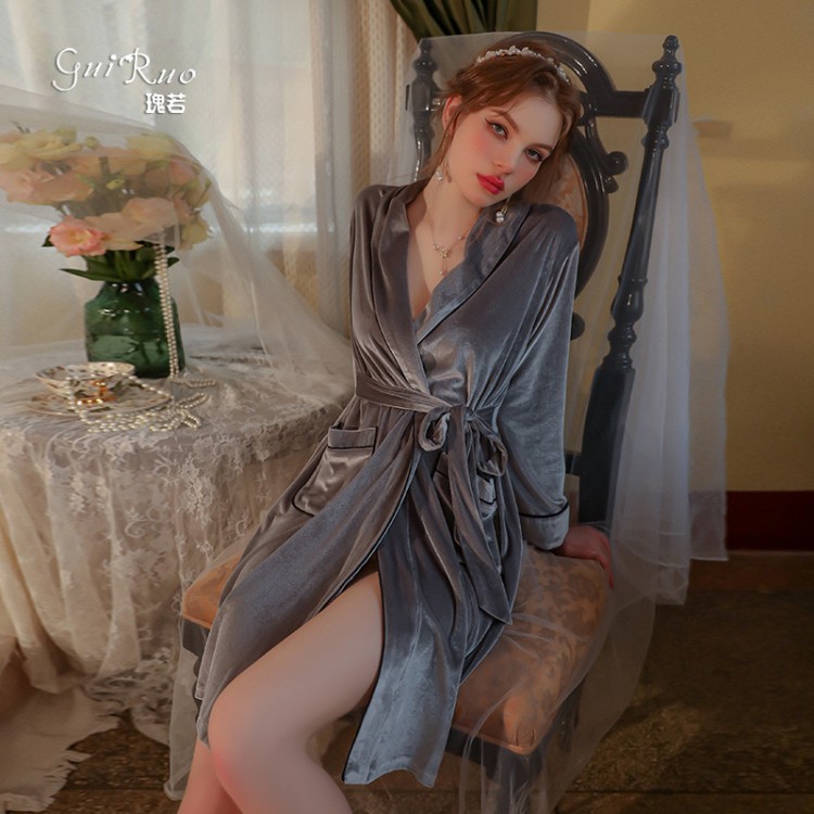 Guiruo Velvet Sexy Lapel Solid Color Waist Tie up Bathrobe Can Be Outworn Outer Robe Women's Home Fur Set P2819