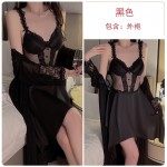 Guiruo French Lace Perspective Mesh Deep V Temptation with Chest Cushion Satin Nightgown Outrobe Home Suit Set J3134