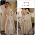 Guiruo Satin Lace Perspective Low cut V-neck with Chest Cushion Sexy Open Back Waist Sleeping Dress Outer Robe Home Suit 3130