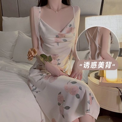 Guiruo Sexy Printed Ice Silk Pajama Swinging Neck Large Open Back Pure Desire Wind Suspended Sleeping Dress Home Suit Set 3858