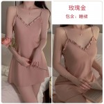 Ruo Ruo Satin Deep V Open Back Seduction Sweet Lace Hanging Sleeping Dress Lace up Outer Robe Women's Home Set 2199