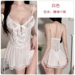 Guiruo Fun Lingerie Sexy Mesh Perspective Attractive Sweet Solid Color Suspended Sleeping Dress Women's Home Suit Set 2216