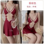 Guiruo Sexy Backless Temptation Ice Silk Pajamas with Chest Pads Gathered Strap Sleeping Skirt Outer Robe Home Suit Set 1667