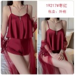 Guiruo Sexy Satin Hollow Lace Retro Plate Buckle Suspender Top Shorts Mesh Outer Robe Home Set 3383