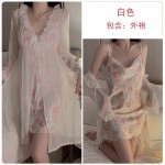 Guiruo Sexy Deep V Pile Neck Printed Ice Silk Suspender Sleeping Dress Mesh Outer Robe Women's Homewear Set 3802