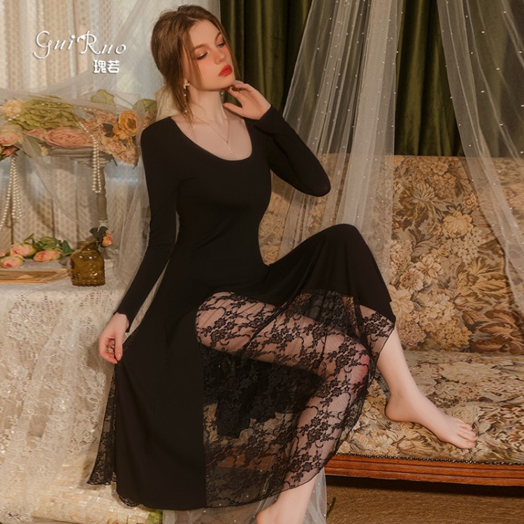 Guiruo Sexy Combination Yarn Perspective Lace Slim Fit Slender Round Neck Women's Home Pure Desire Sleeping Dress Set Q2858