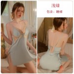 Guiruo Satin Deep V Lace and Chest Cushion Perspective Lace up Seduction Split Sleeping Dress Outer Robe Home Suit Set 2726