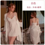 Guiruo pajamas Long sleeved breathable satin sweet pajamas Solid color suspender pajamas Outer robe Women's home wear set 2199