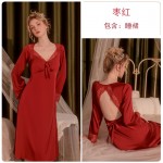 Guiruo Brand Comfortable Sexy Open Back Deep V Satin Lace Long Breast Cushion Sleeping Dress Women's Home Furnishing Set W2211