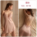 Guiruo Sexy Sleeping Dress Autumn/Winter V-neck Lace Strap Open Back Satin Solid Color Sleeping Dress Home Suit Set 6070