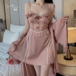 Guiruo Lingerie Satin Low Chest Gathered with Chest Pads Perspective Lace Combination Sleeping Dress Outer Robe Home Suit Set 3128