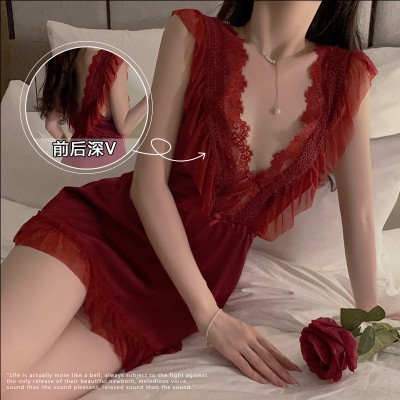 Guiruo brand lingerie sexy front and back deep V lace seductive mesh patchwork satin waistband nightgown 1480